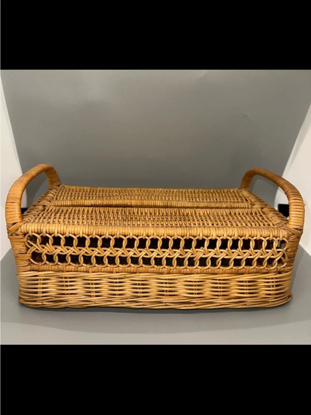 Vintage Wicker Tissue Box Cover Rectangle Boho Farmhouse Cottagecore